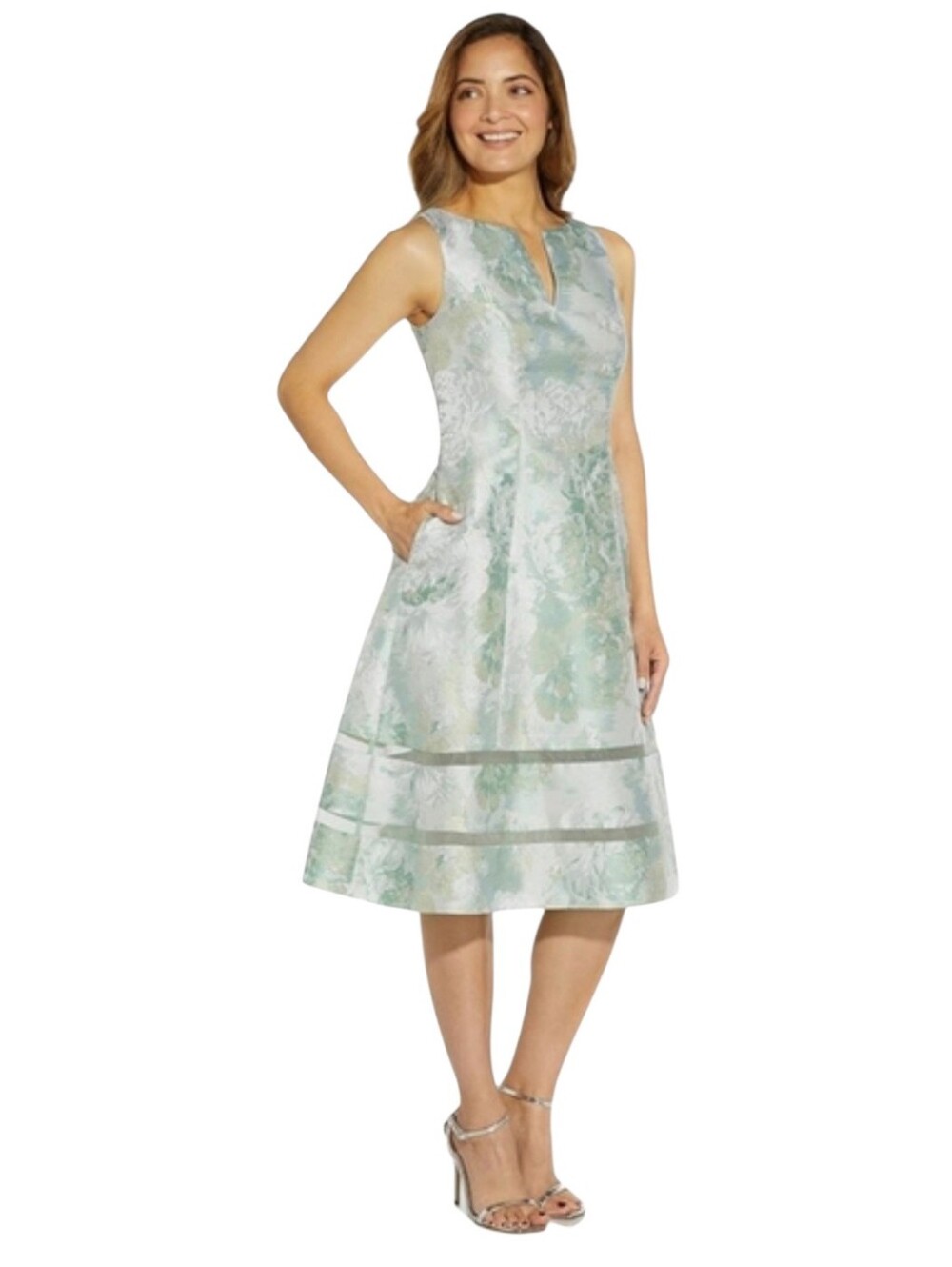 Adrianna Papell Metallic Floral Jacquard Organza Trim A-line Dress Size 4 - Picture 2 of 5